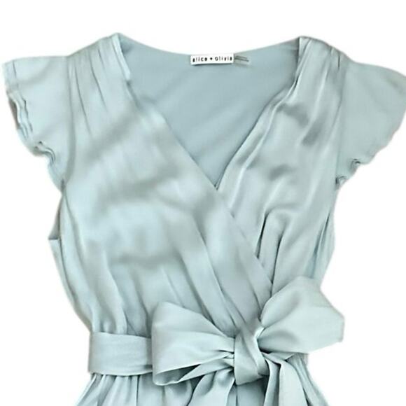 Alice + Olivia Silk Wrap Dress Sz 8 Icy Blue Flutter Sleeve High Low 90s Grunge - Picture 2 of 11